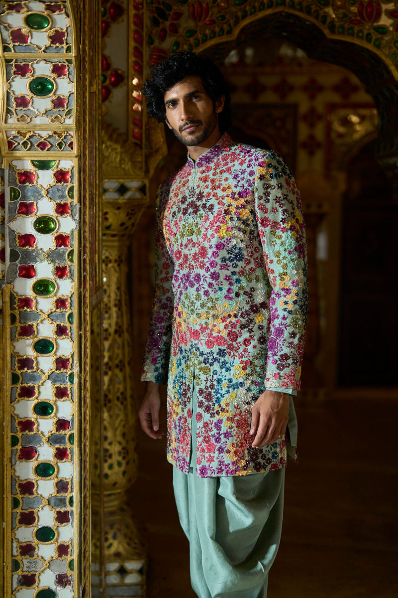 Sage Green Multi- Coloured Three-Dimenisonal Sherwani Set