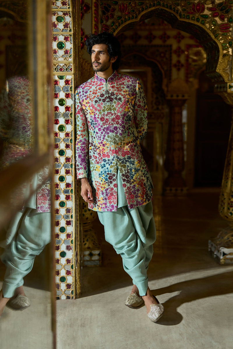 Sage Green Multi- Coloured Three-Dimenisonal Sherwani Set