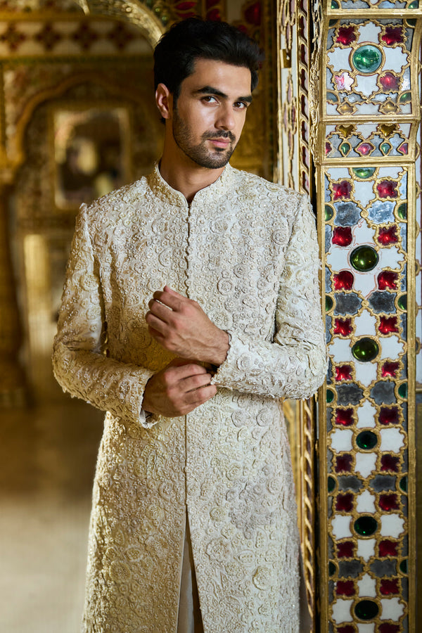 Vinatge Ivorry Three-Dimensional Sherwani Set