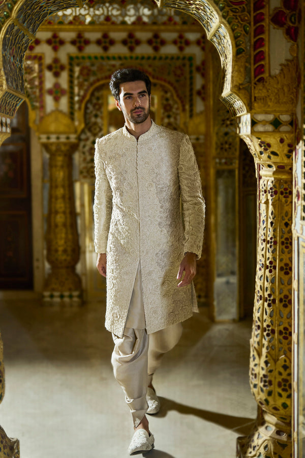 Vinatge Ivorry Three-Dimensional Sherwani Set