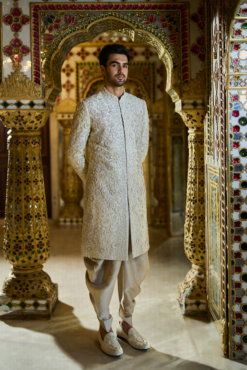 Vinatge Ivorry Three-Dimensional Sherwani Set