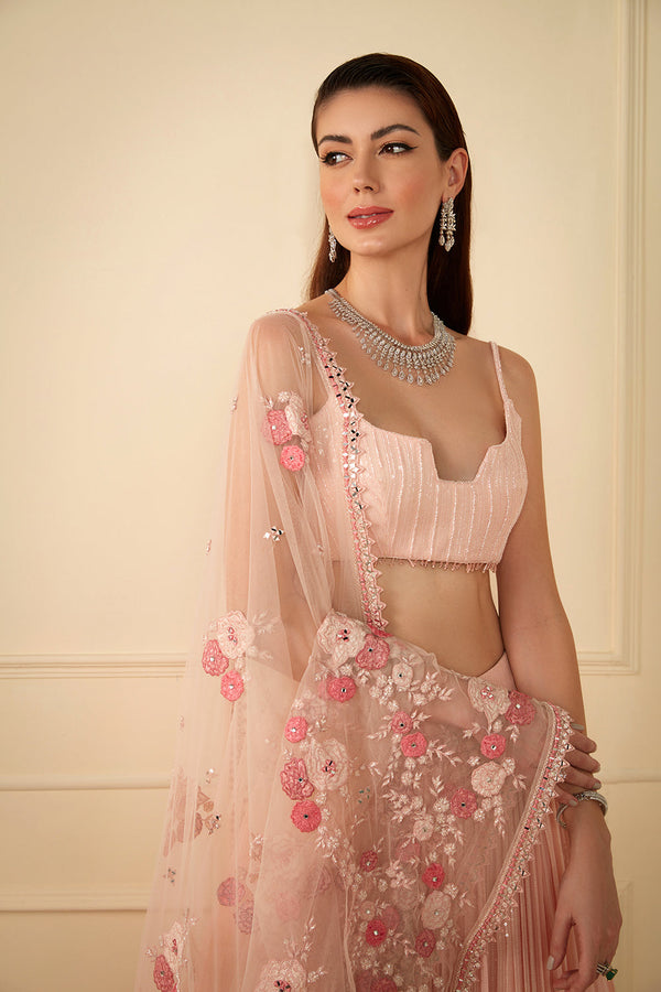 Pink Sequins Work Skirt Paired With Sequins Blouse And Net Appliqué Dupatta.