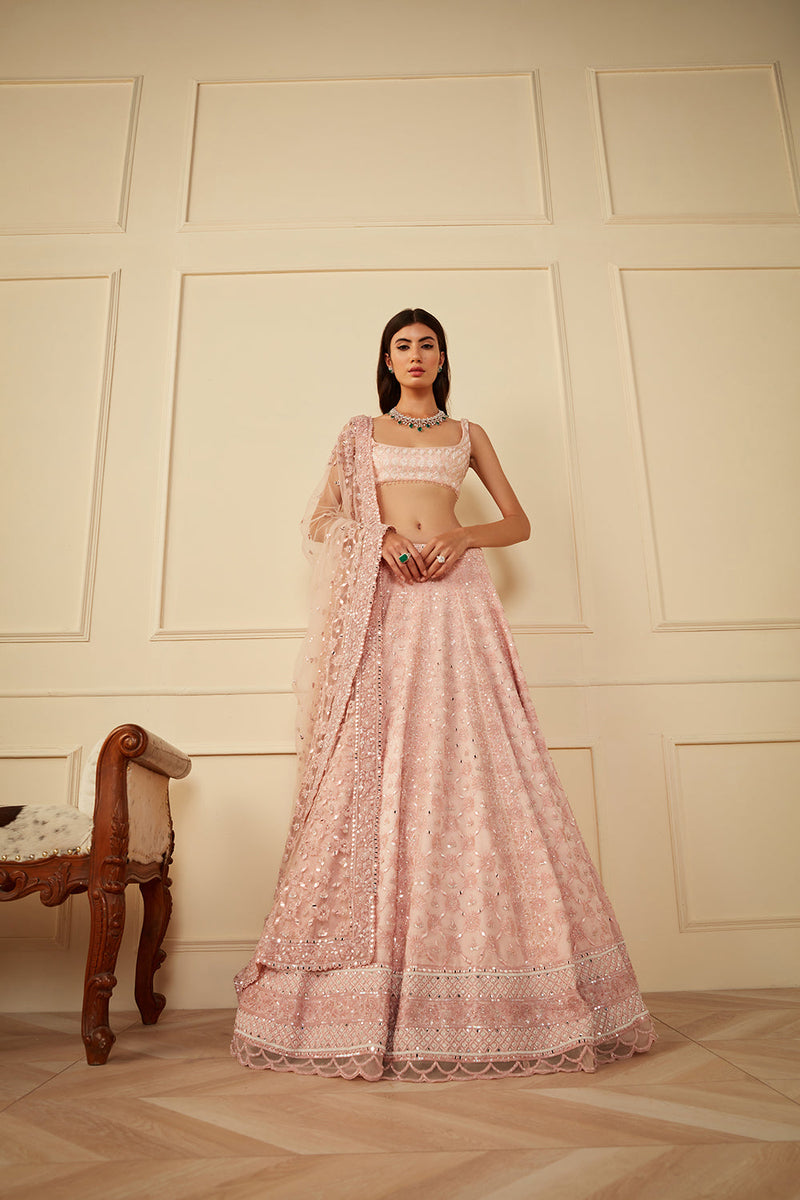 Blush Pink Organza Lehnga With Glass Bead Work (Bridal)