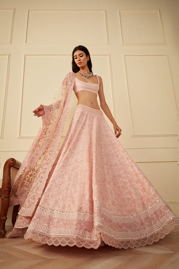 Blush Pink Organza Lehnga With Glass Bead Work (Bridal)