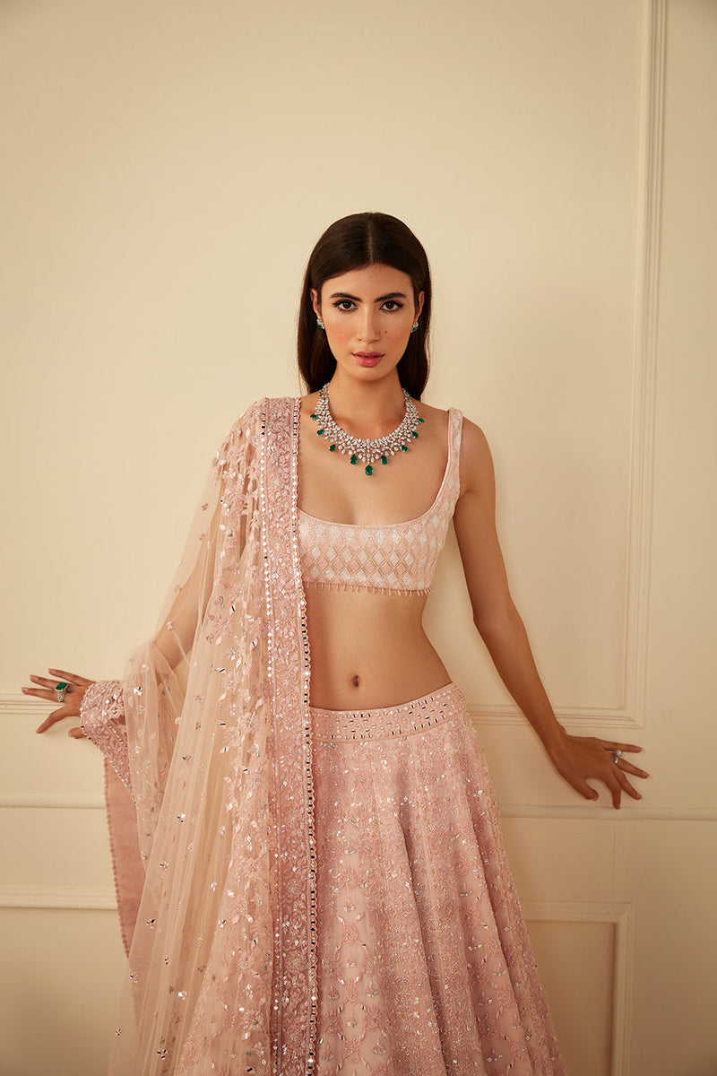 Blush Pink Organza Lehnga With Glass Bead Work (Bridal)