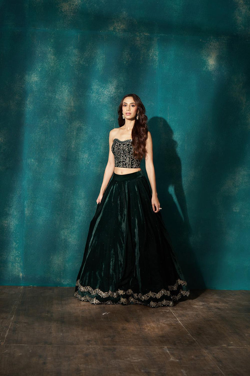 Green Velvet Corset Lehenga