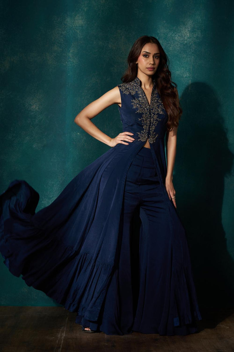 Navy Blue Cape With Gunmetal Embroidery