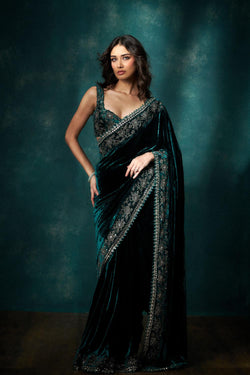 Teal Velvet Saree