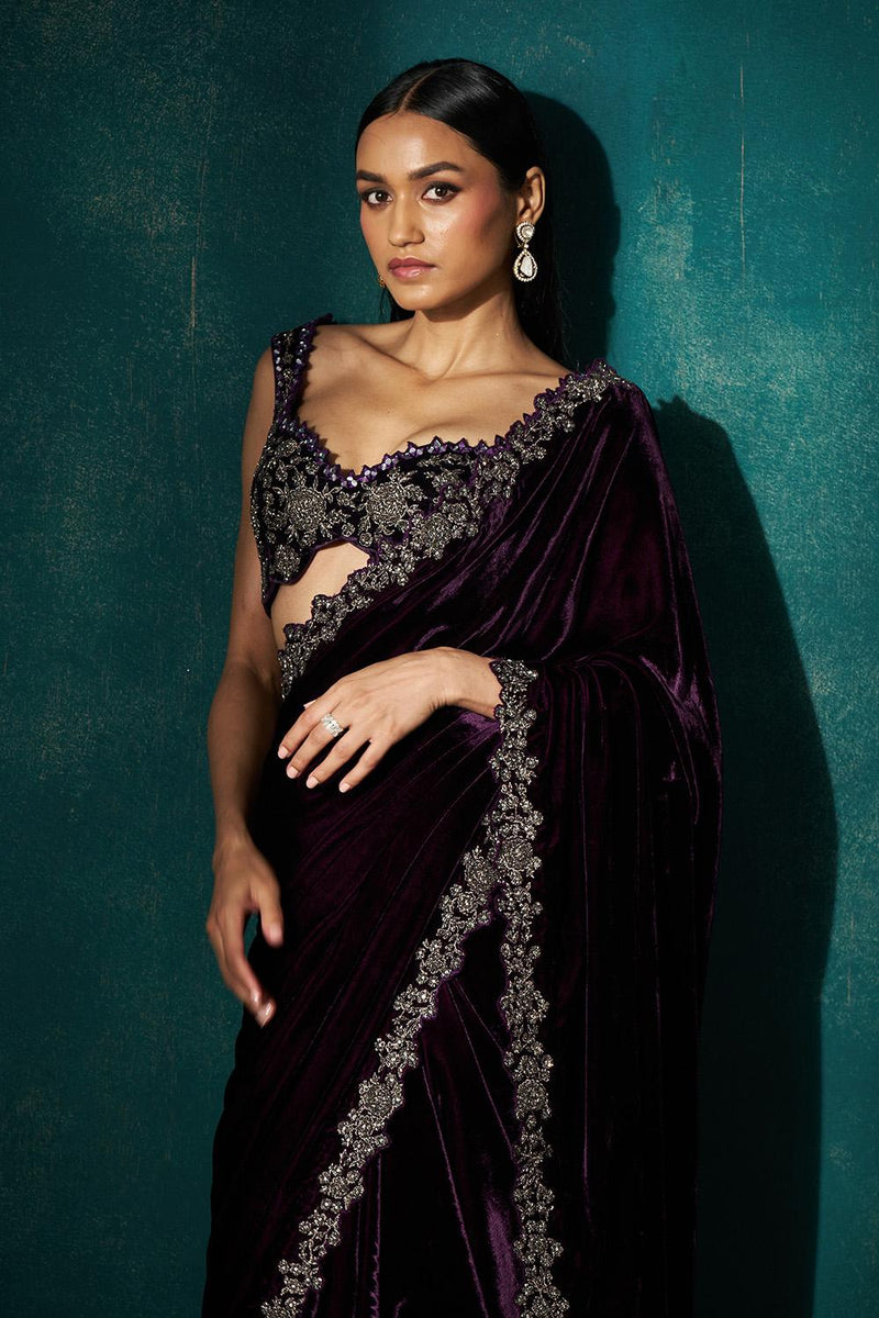 Wine Velvet Saree