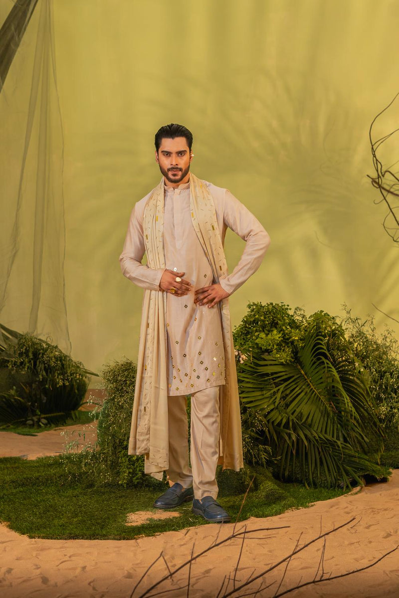 Peach Gold Chheta Long Kurta Set