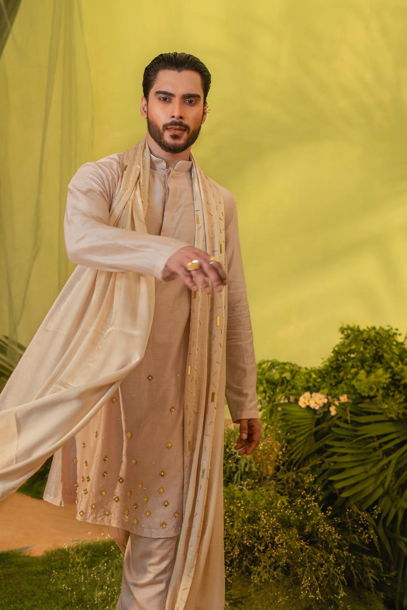 Peach Gold Chheta Long Kurta Set