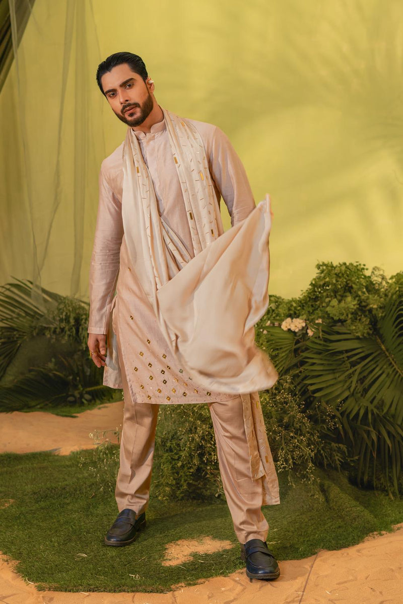 Peach Gold Chheta Long Kurta Set