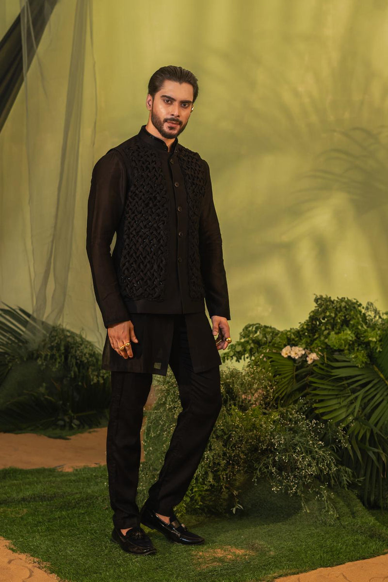 Black Smock Short Kurta Set