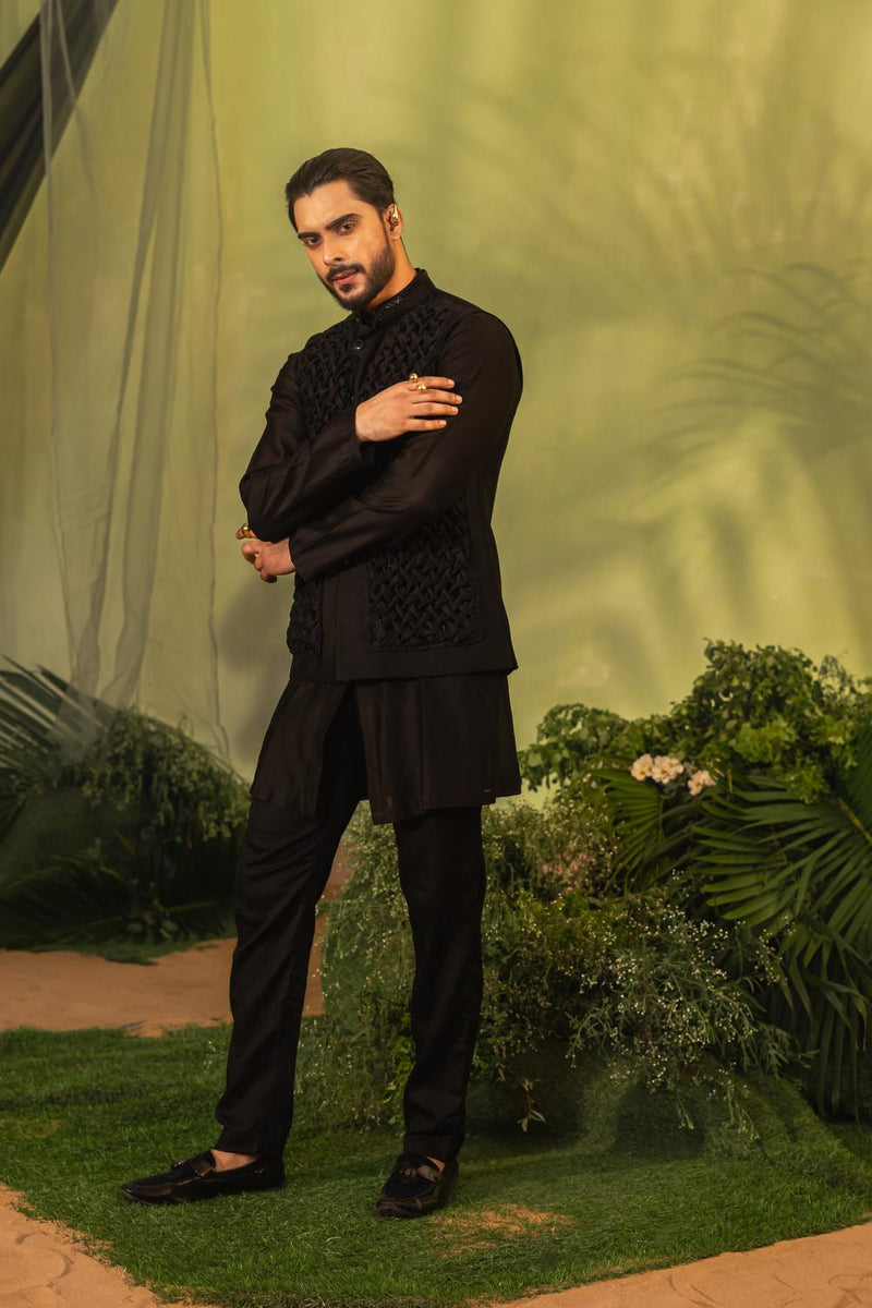 Black Smock Short Kurta Set