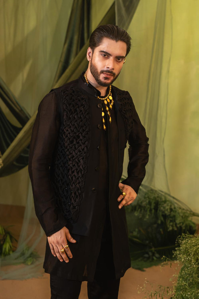 Black Smock Short Kurta Set