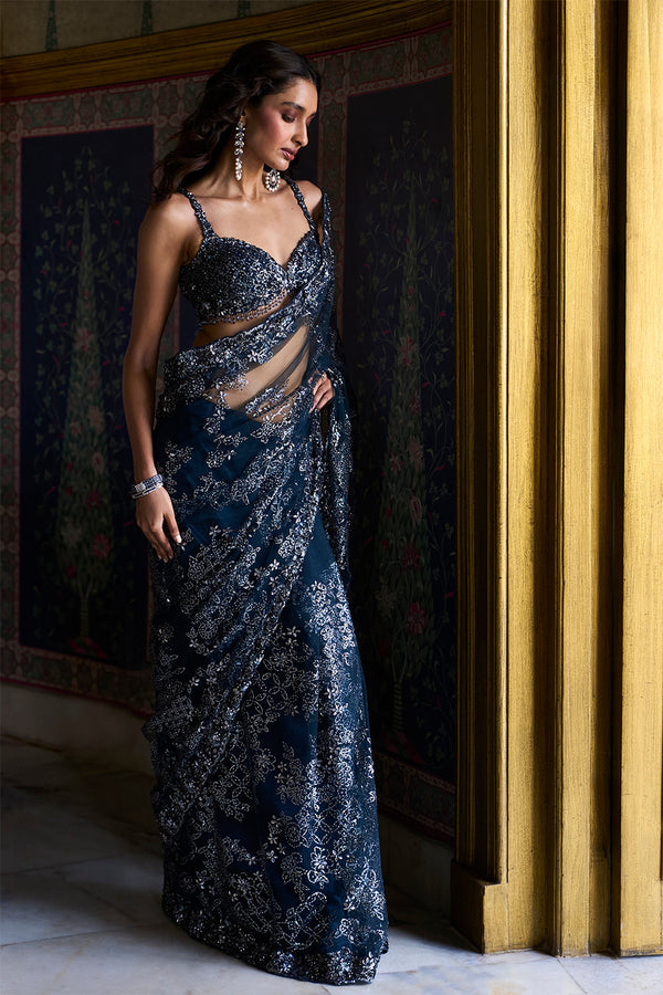 Teal Blue Sequin Saree