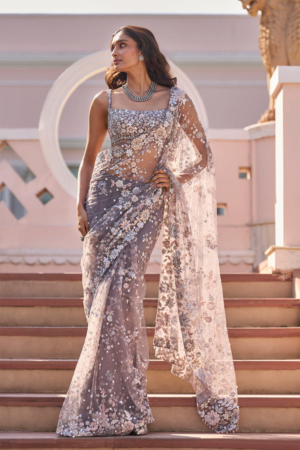 Stone Grey Multi-Coloured Floral Saree