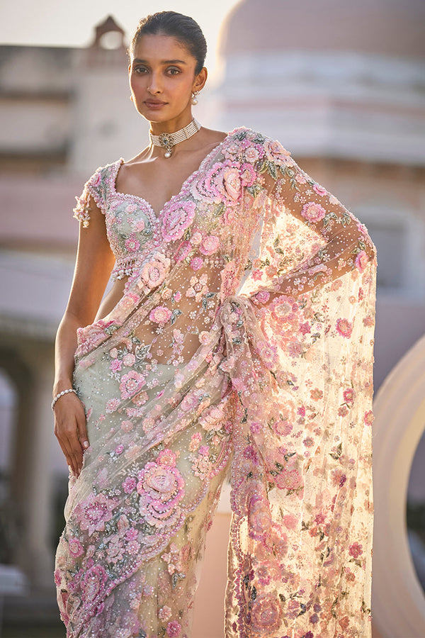 Mint Green Multi-Coloured Floral Saree