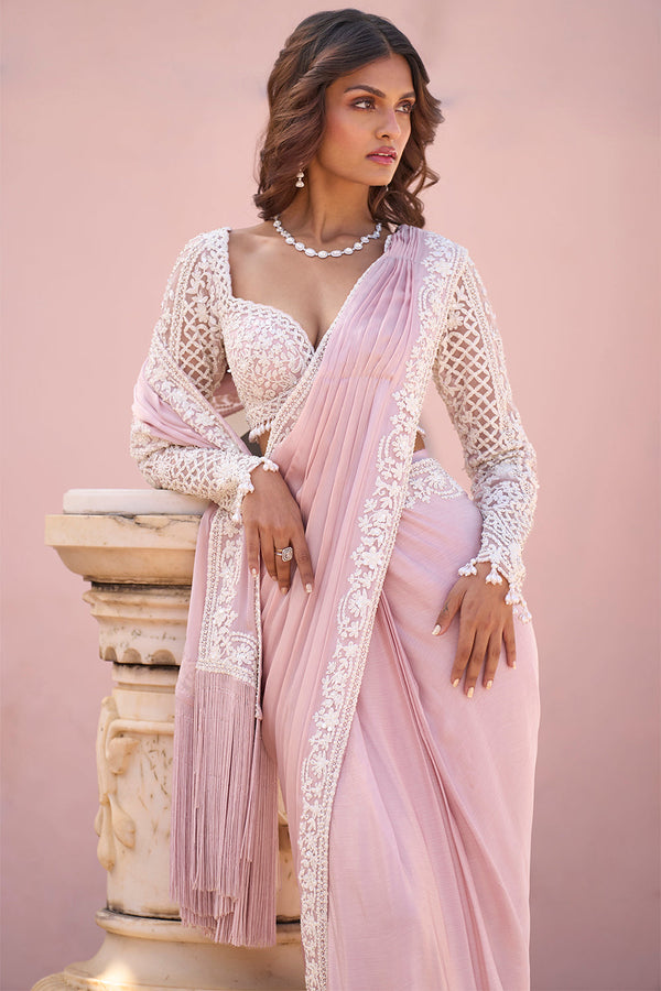 Powder Pink Draped Dori Saree