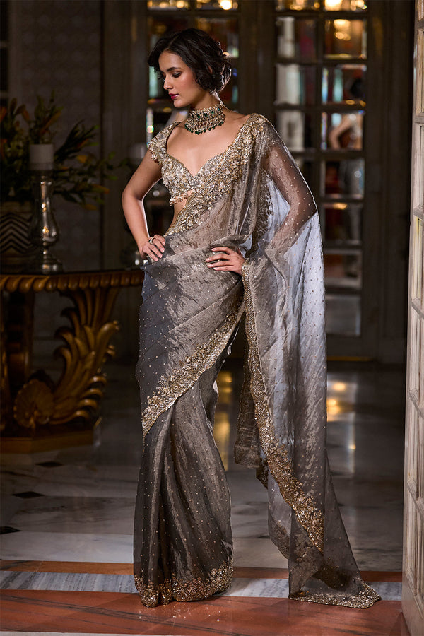 Stone Grey Tissue Organza Saree