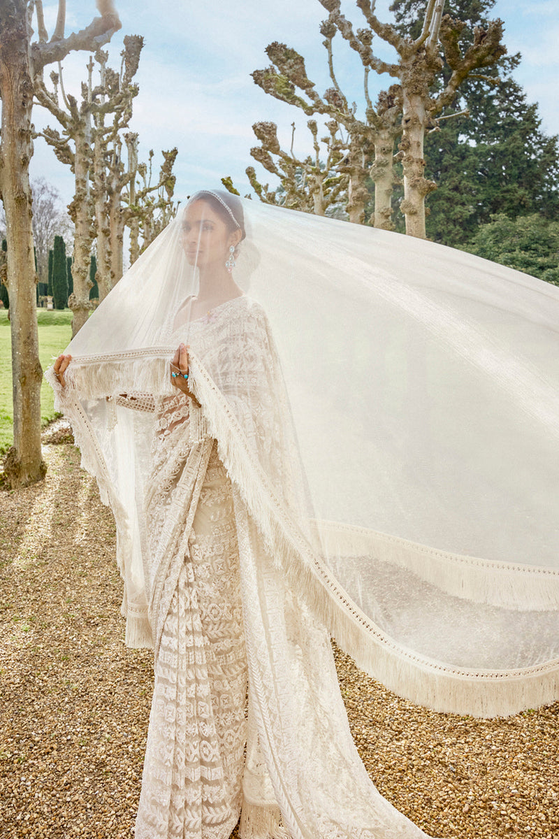 Nude Cream Stripe Saree Set