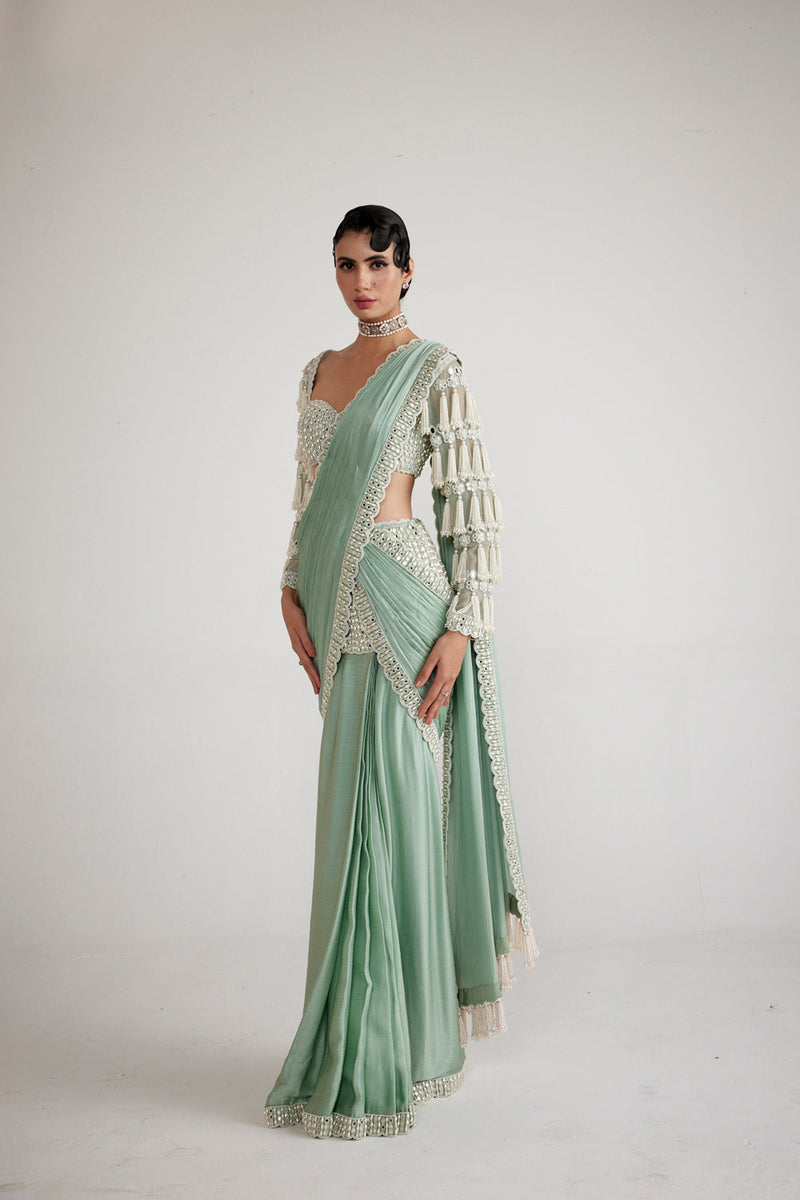 Powder Mint Chandelier Drop Saree Set