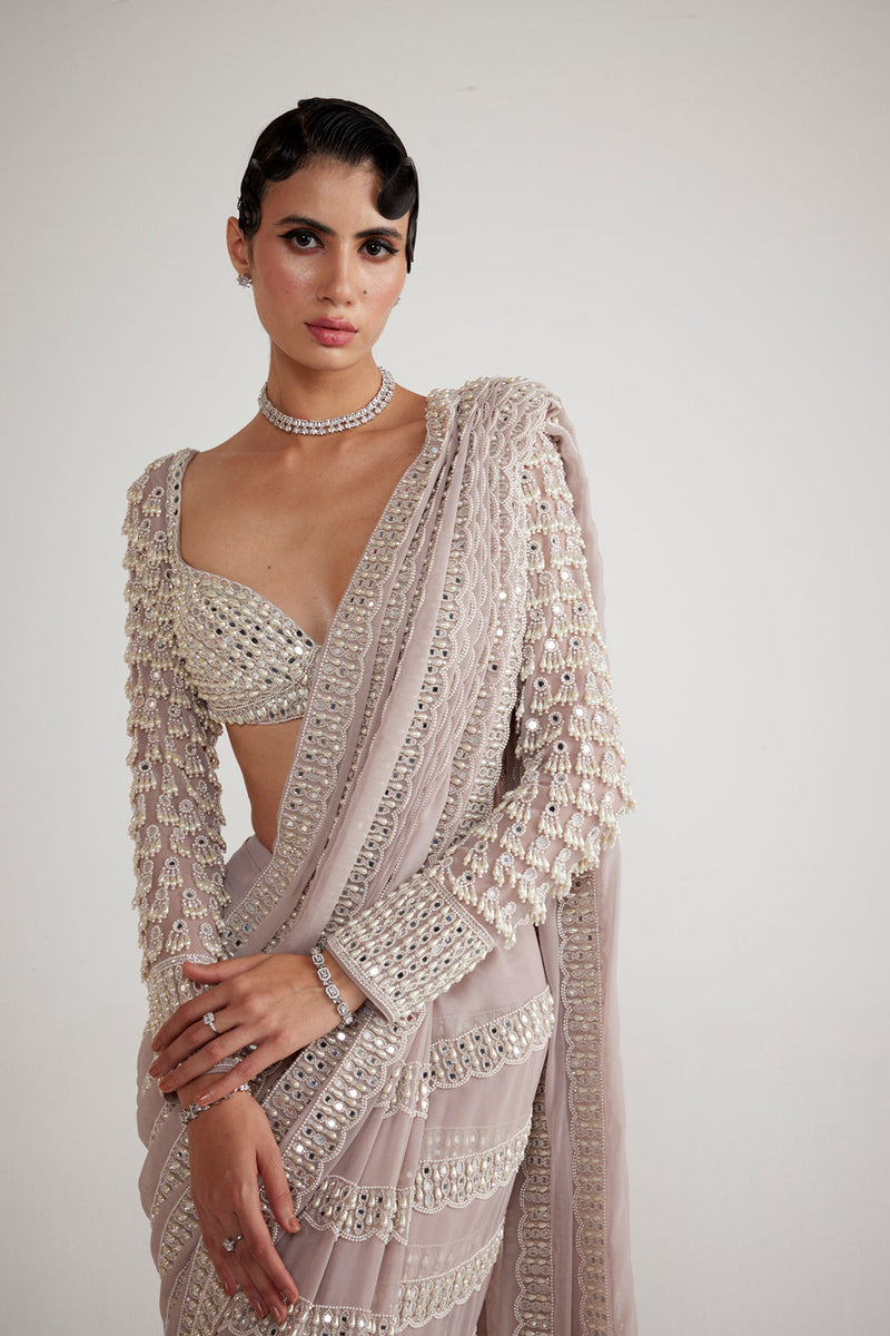 Ash Pink Chandelier Pearl Drop Saree Set