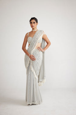 Powder Grey Chandelier Pearl Drop Saree Set