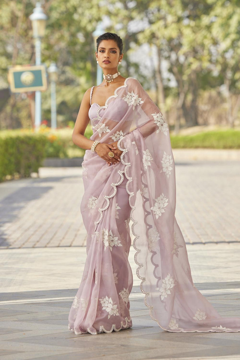 Powder Lilac Flower Saree Set