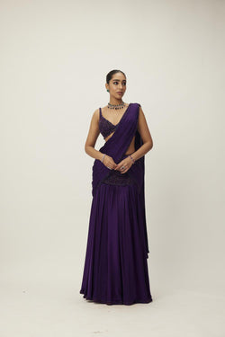 Royalty Purple Pre Draped Crystal Beaded Saree Set