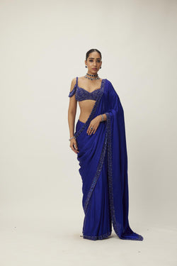 Cocktail Blue Satin Saree Set