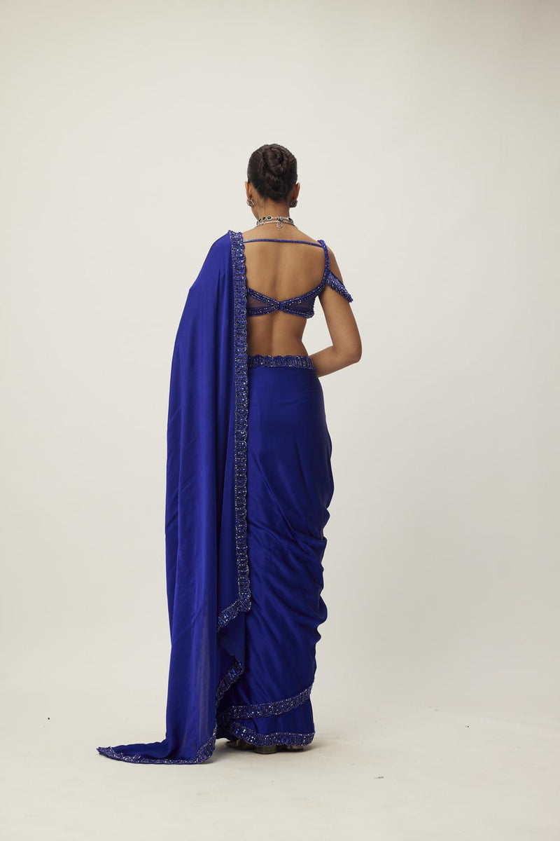 Cocktail Blue Satin Saree Set