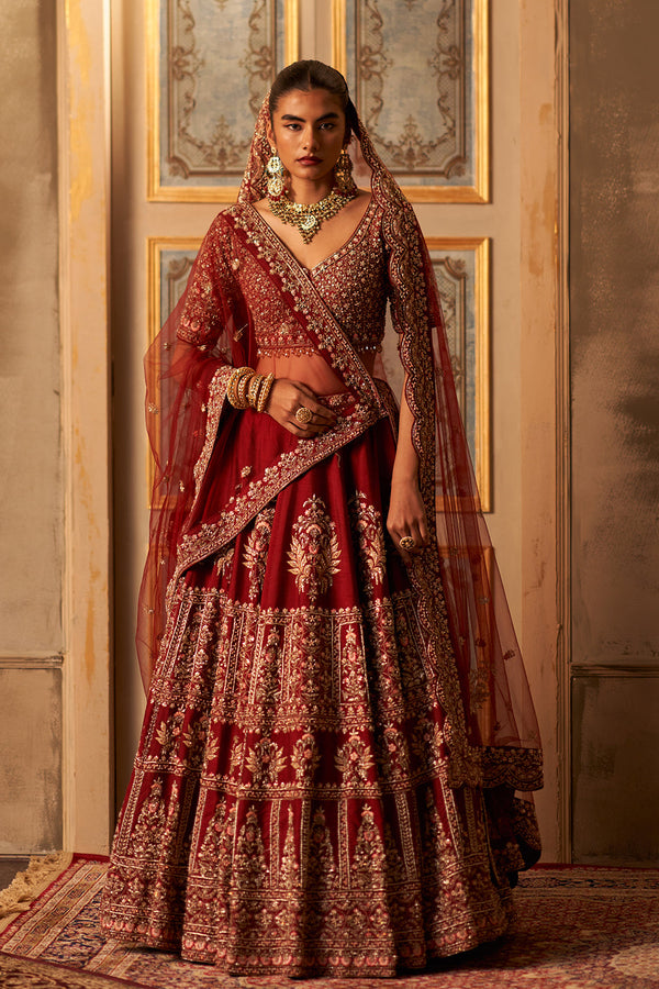 Maroon Raw Silk Double Dupatta Lehenga Set