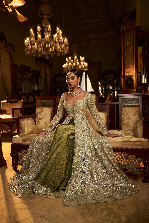 Sage Green Cut Work Jacket Sharara Set