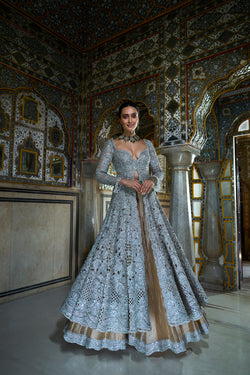 Silver Cut Work Jacket Sharara Set