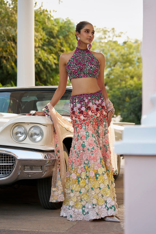 Ombre Multi-Coloured Three-Dimensional Floral Sharara Set