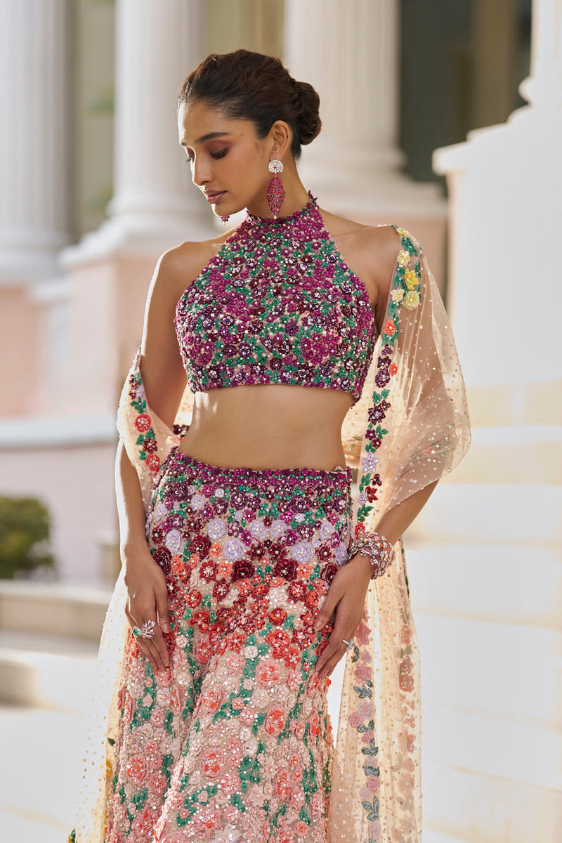 Ombre Multi-Coloured Three-Dimensional Floral Sharara Set