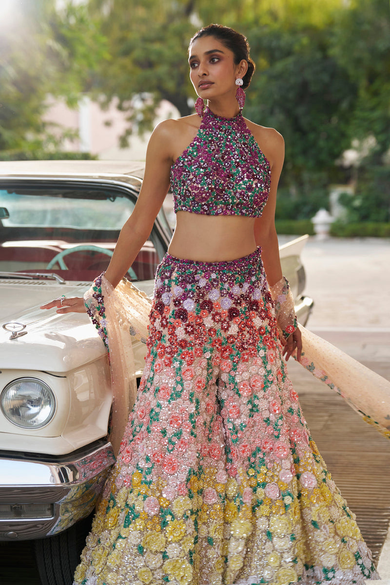 Ombre Multi-Coloured Three-Dimensional Floral Sharara Set