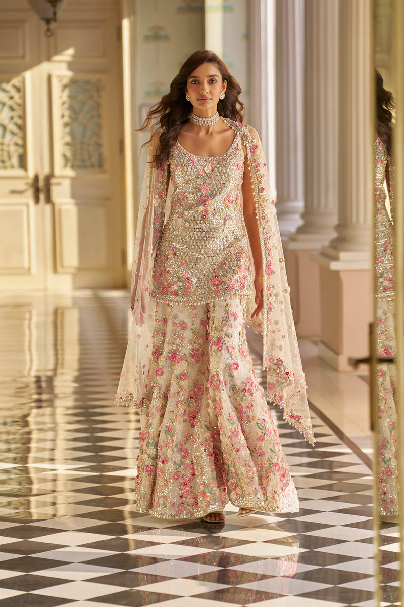 Ivory Multi-Coloured Three-Dimensional Sharara Set