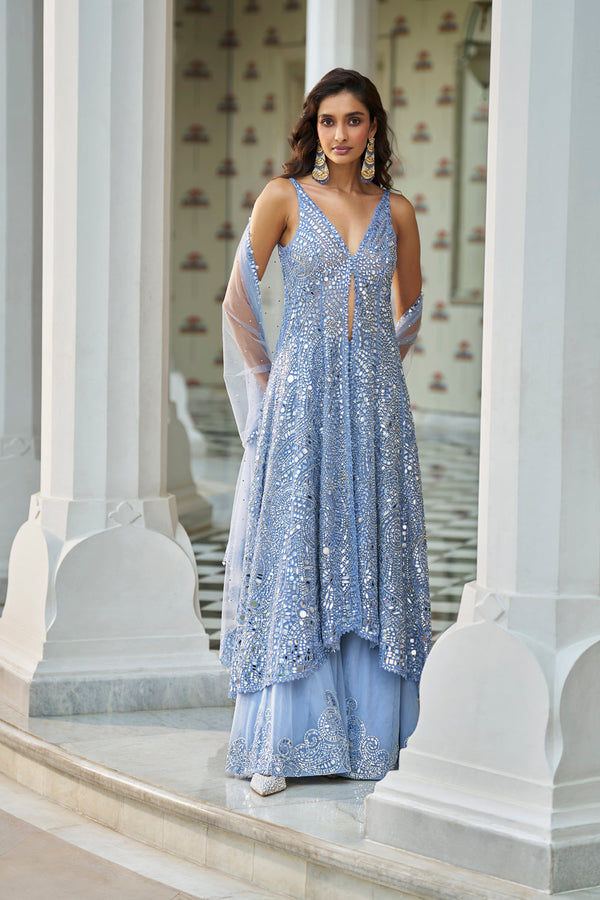 Blue Mirror Work Jacket Sharara Set