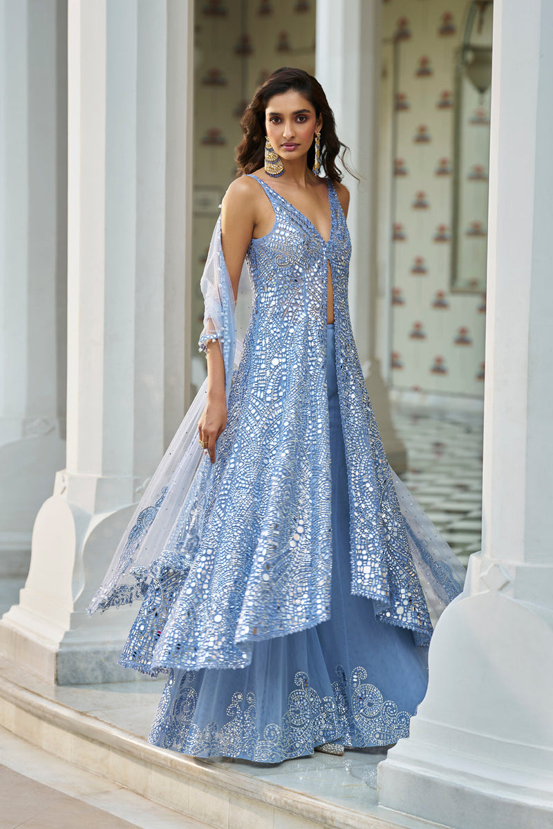 Blue Mirror Work Jacket Sharara Set