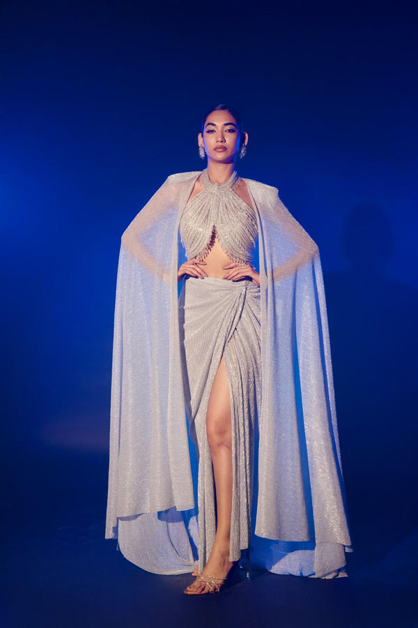 Power Shoulder Cape With Embellished Crop Top And Drape Skirt