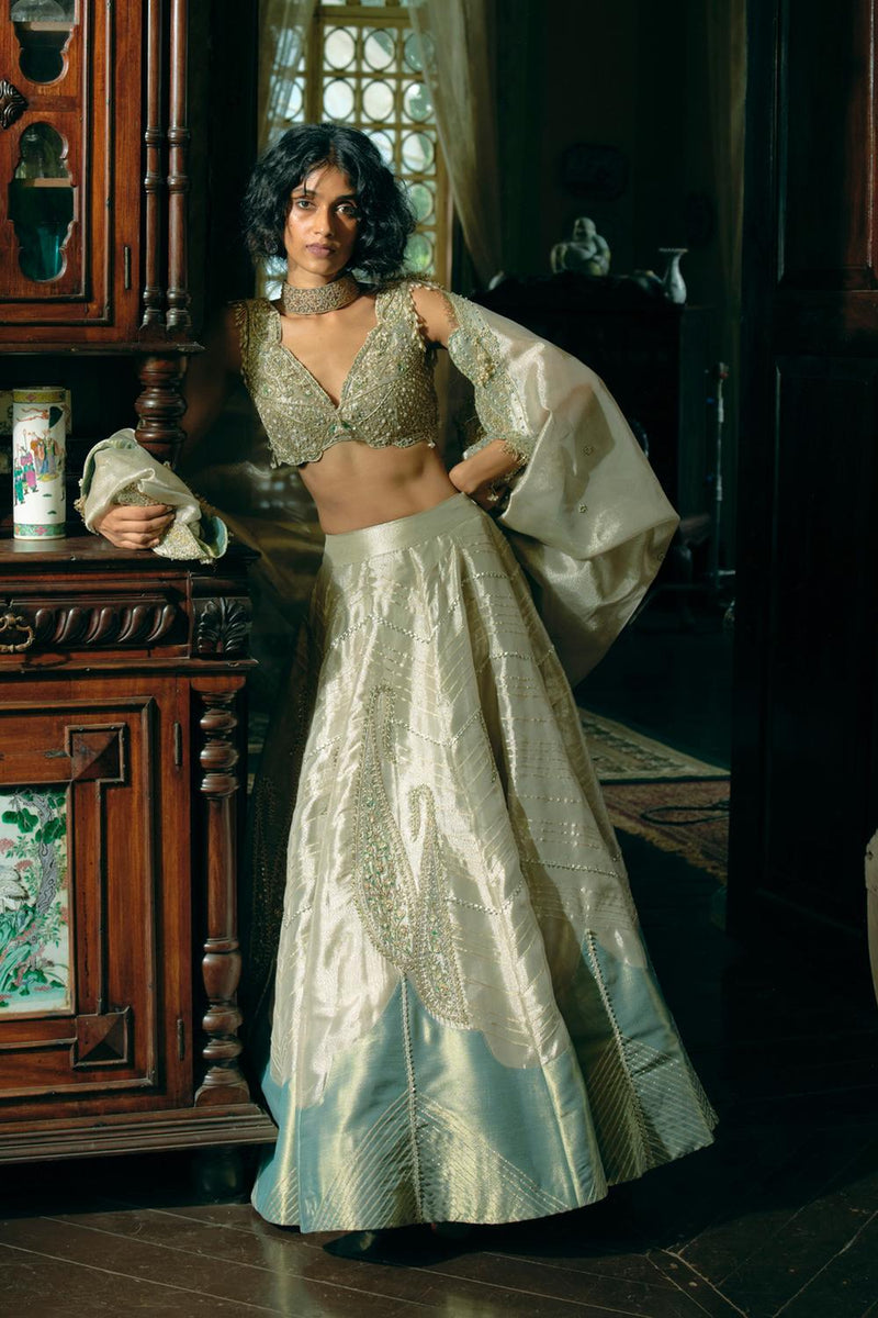 Pearl Gold Silk Zari Tissue Lehenga Set