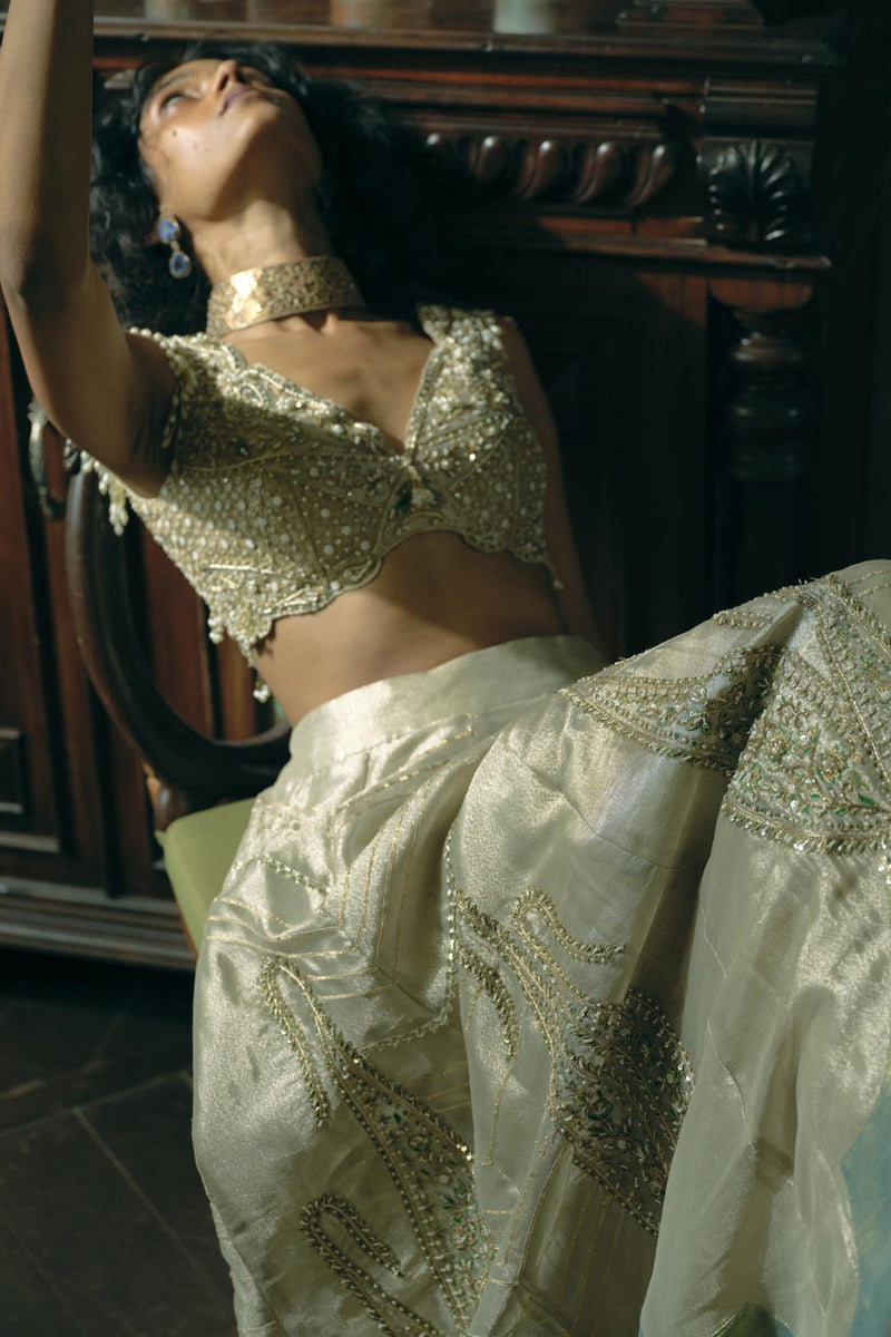 Pearl Gold Silk Zari Tissue Lehenga Set