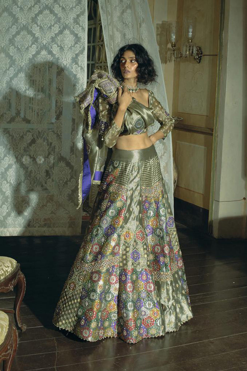 Grey Silk Zari Tissue Lehenga Set