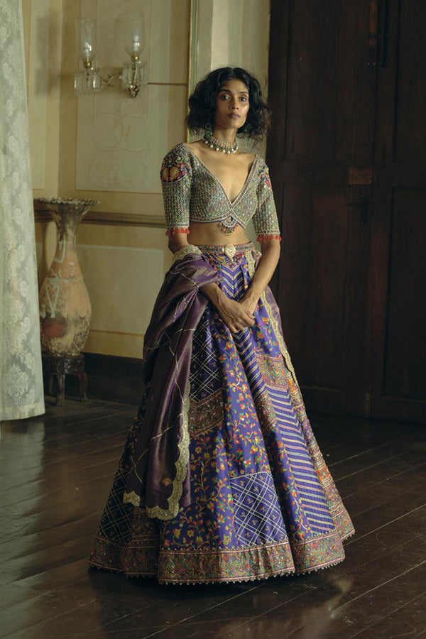 Purple Jacquard Silk Banarasi Lehenga Set