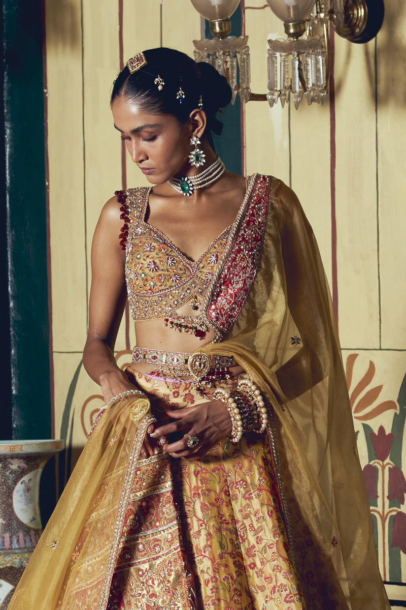 Yellow Jacquard Banarasi Lehenga Set