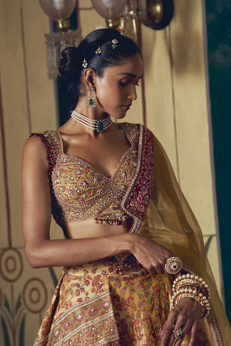 Yellow Jacquard Banarasi Lehenga Set