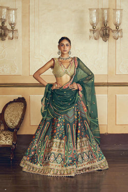 Dark Green Jacquard Silk Banarasi Lehenga Set