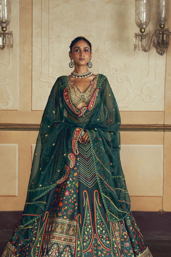 Dark Green Jacquard Silk Banarasi Lehenga Set